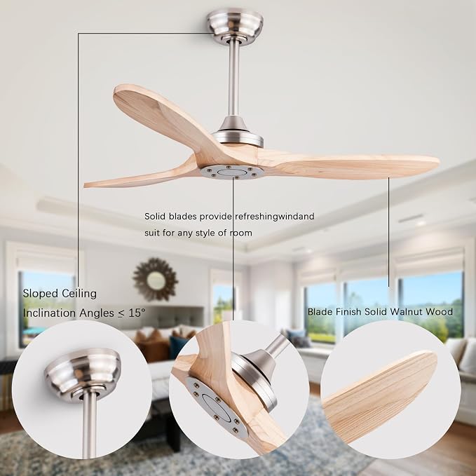 QUTWOB 42" Wood Ceiling Fan No Light, Reversible DC Motor, Remote Control | solid wood blades, quiet 6-speed reversible dc motor, remote control, no light, for indoor outdoor patio garage bedroom