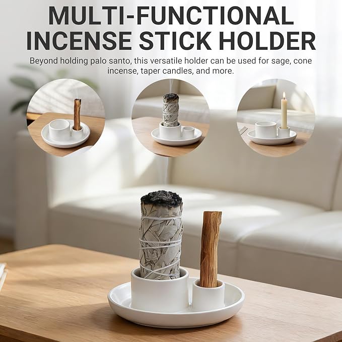 Multifunction Incense and Candle Holder for Burning Sage, Palo Santo, Ceramic Incense Stick Holder for Palo Santo Burner, Sage Holder for Yoga, Meditation, and Energy Cleansing (Pure White)