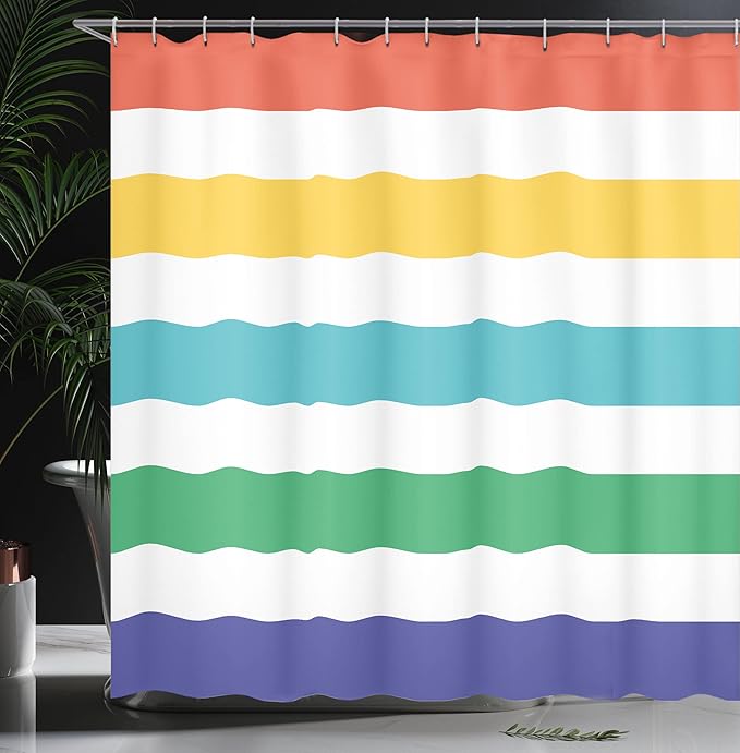 Ambesonne Striped Shower Curtain, Rainbow Colored and White Fun Horizontal Lines Room Red Yellow Blue Green Art, Cloth Fabric Bathroom Decor Set with Hooks, 69" W x 70" L, White Mustard Jade Green
