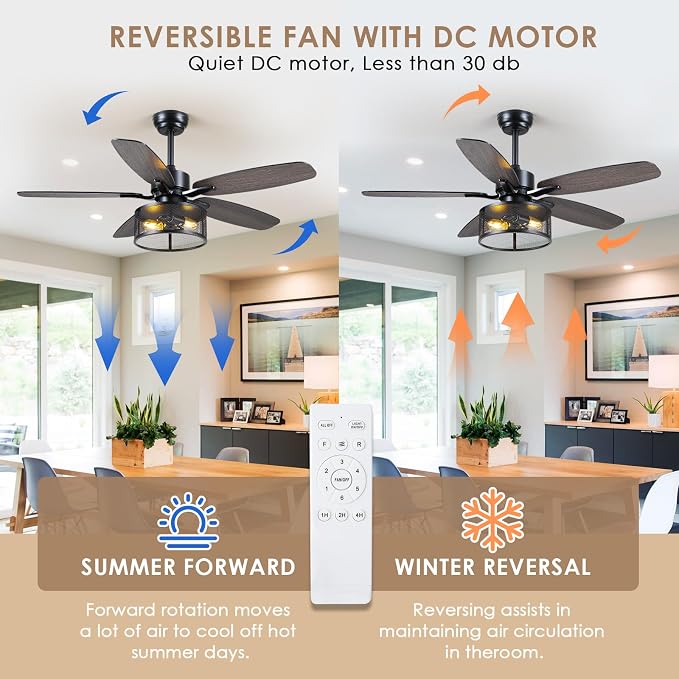 Hounberi 48 Inch Farmhouse Ceiling Fan with Light and Remote, Industrial Black Caged Ceiling Fan, Dual Finish 5 Blades, 6-Speed Reversible DC Motor, Industrial Ceiling Fans for Bedroom, Living Room
