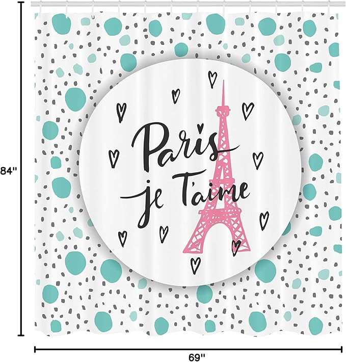 Ambesonne Paris Shower Curtain, I Love You Lettering Fashion Modern Background Europe Architecture, Cloth Fabric Bathroom Decor Set with Hooks, 69" W x 84" L, Turquoise Grey