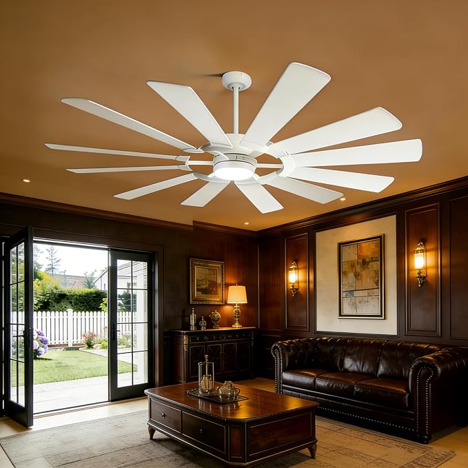 72'' White Outdoor Ceiling Fan with Light,12 Dual-Finish Wind Mill Blades, 3 Downrods, Reversible Motor, High Airflow, Indoor Outdoor Modern Farmhouse Fan for High Space Patio Commercial Shop Barn