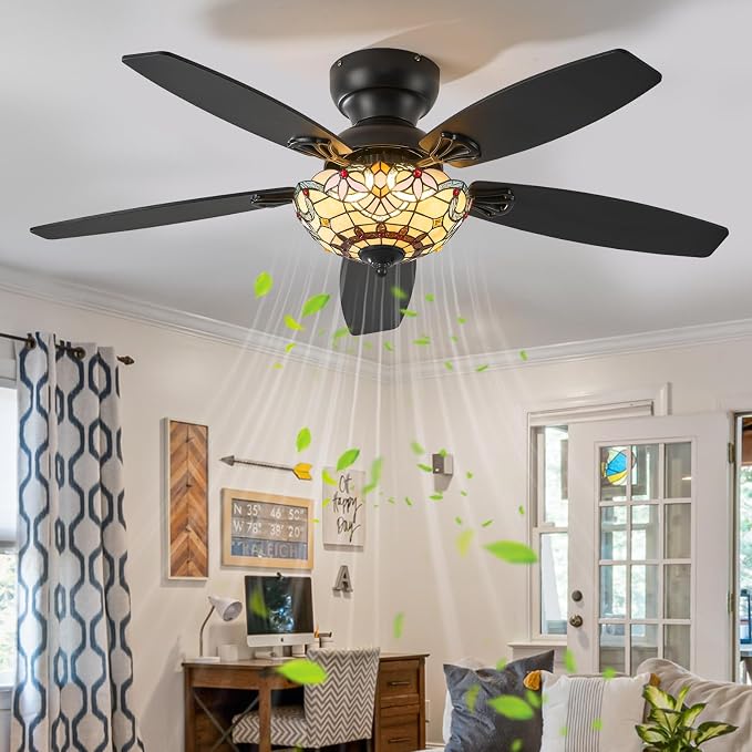 Tiffany Ceiling Fans with Lights - 48" Ceiling Fan Chandelier with 5 Dual-Blades and Glass Shade, 6 Speeds and Reversible, Indoor and Outdoor, Retro Style