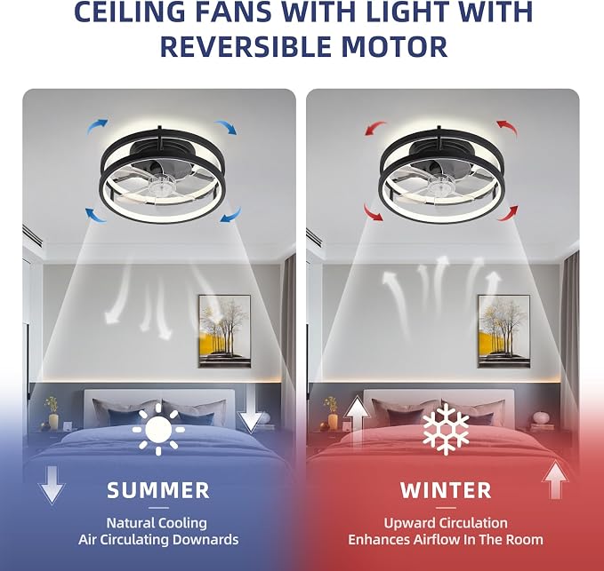 13 Inch Small Ceiling Fan with Light and Remote, Low Profile Flush Mount Fandelier, Dimmable 3CCT Quiet LED Ceiling Fans for Bedroom,Black001