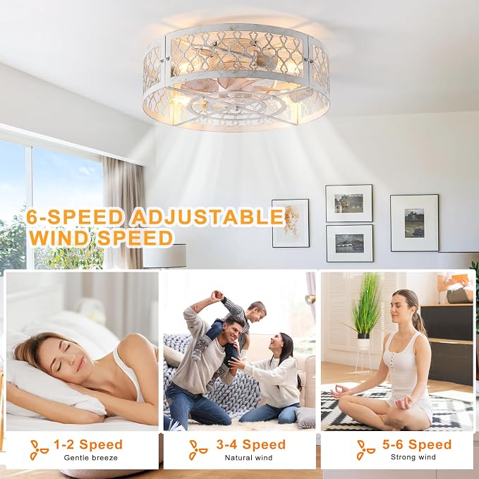 Garwarm Caged Ceiling Fan with Light,20" Flush Mount Ceiling Fan with Remote,Bladeless Low Profile Fandelier Small Ceiling Fans with Lights for Bedroom,Dining Room