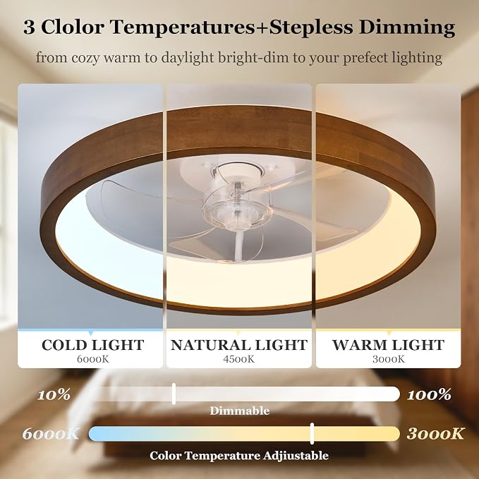 Ceiling Fans with Lights Low Profile Ceiling Fanwith Light and Remote/APP Control Dimmable LED Timing Wooden Walnut02