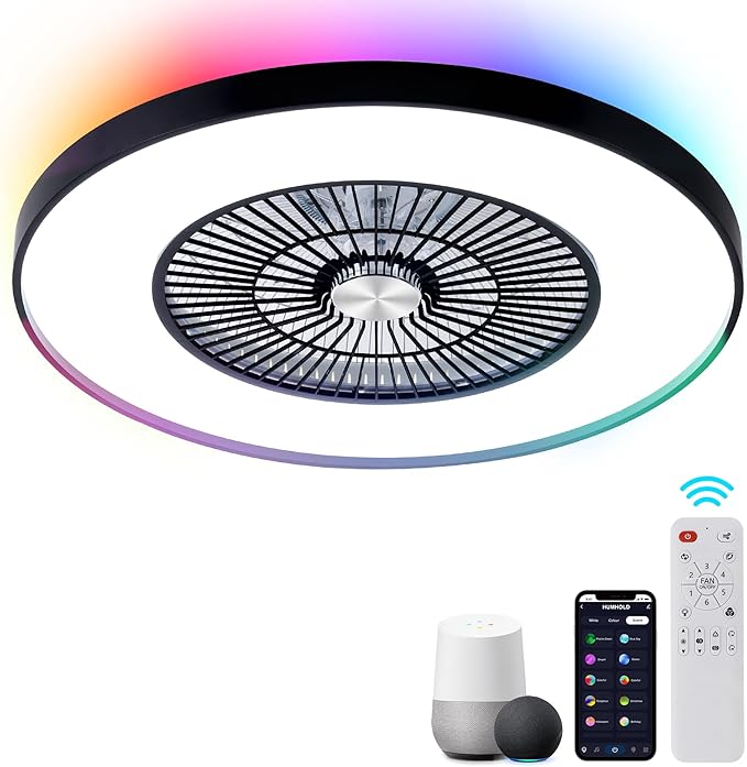 24" Bladeless Ceiling Fans with Lights and Remote/APP/Voice Control, Low Profile Ceiling Fan with RGB Lights, Enclosed Flush Mount Ceiling Fan for Kid's Bedroom/Living Room