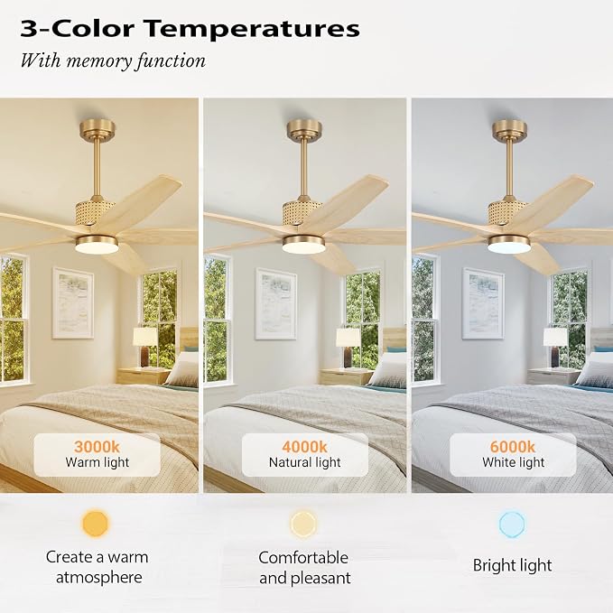 LEDLUX 60" Ceiling Fan with Light – Remote Control, Solid Wood, Quiet Reversible DC Motor, Light Oak/Gold Finish, Includes 4.5"/12" Downrods, Noiseless Ceiling Fan for Bedroom, Living Room, Porch