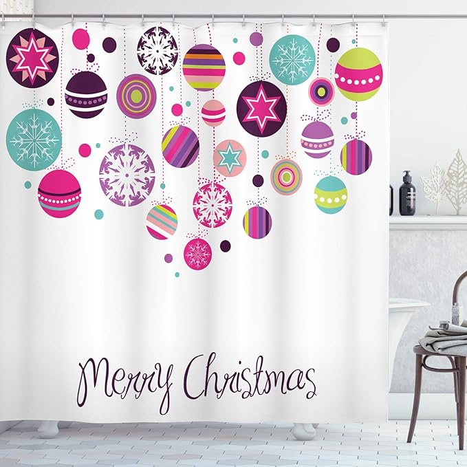 Ambesonne Christmas Shower Curtain, Colorful Graphic Baubles with Retro Snowflake Ornaments Celebration Hand Writing, Cloth Fabric Bathroom Decor Set with Hooks, 69" W x 75" L, Pastel Magenta