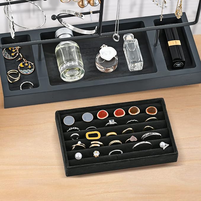 ProCase Jewelry Organizer Stand Earring Holder Organizer, 6 Tiers Earring Organizer Tree Necklace Rack Jewellery Tower Bracelets Holder Storage with Removable Wooden Ring Tray for Women Girls -Grey
