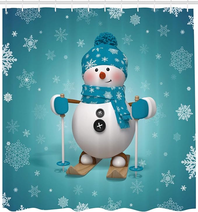 Ambesonne Snowman Shower Curtain, Skiing with Ornate Snowflakes Winter Vacation Activity Fun Hobby, Cloth Fabric Bathroom Decor Set with Hooks, 69" W x 84" L, Turquoise White Pale Brown