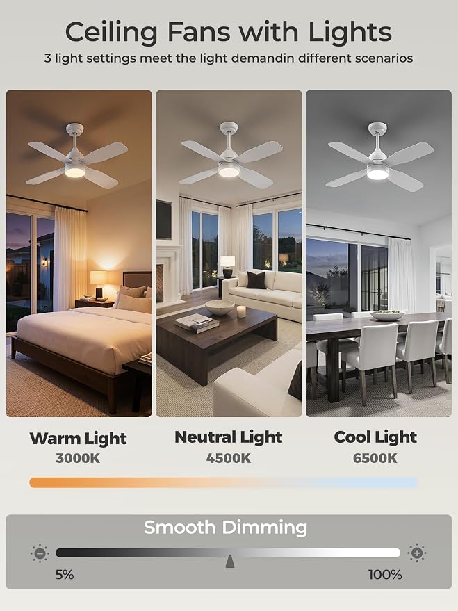 42 Inch Ceiling Fans with Lights: Ceiling Fan with 4 Dual Sided Fan Blades, Remote and App Control, 6 Wind Speed, Reversible DC Motor, 3CCT Dimmable LED, Small White Ceiling Fan for Bedroom
