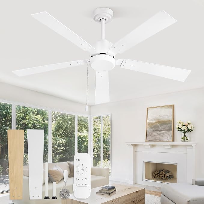 ZMISHIBO 52 Inch Ceiling Fans without Lights, White Ceiling Fan with Pull Chain, 6-Speeds, Quiet DC Motor, Remote Control, Outdoor Ceiling Fan for Patios, Living Room, Kitchen, Shop