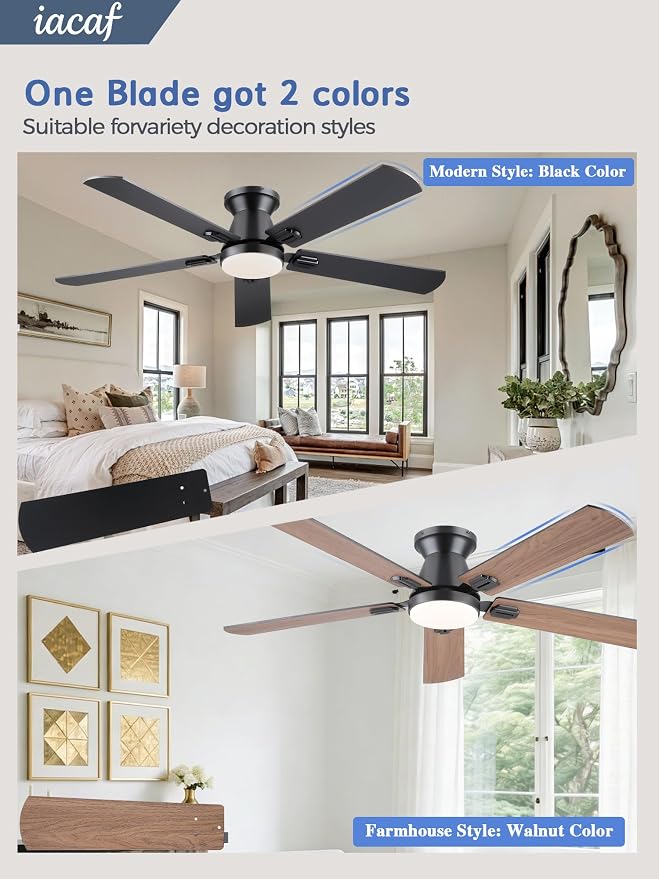 Ceiling Fans with Lights, 52 inch Low Profile Ceiling Fan with Light and Remote/APP Control, Dimmable, Quiet DC Motor, Flush Mount Ceiling Fan for Bedroom Living Room, Indoor/Outdoor Use, Black