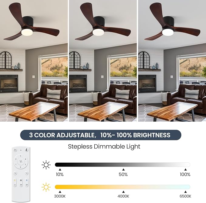 GESUM 42" Ceiling Fan with Lights Remote Control, Low Profile Ceiling Fan with 3 Walnut Wood Blades, Reversible,Dimmable, Flush Mount Ceiling Fans for Living Room Kitchen Bedroom(Black+Walnut)