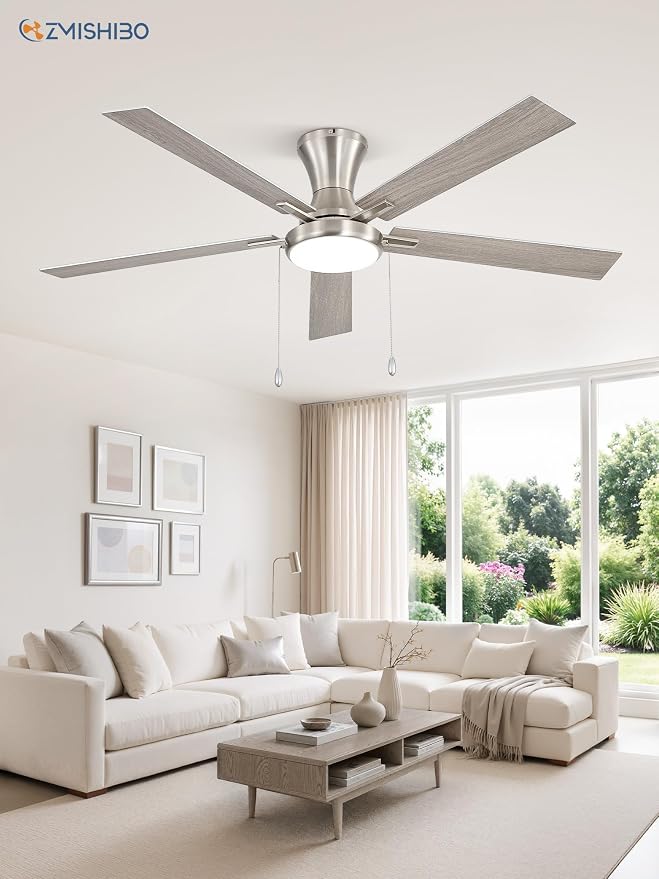 ZMISHIBO Ceiling Fans with Lights, Low Profile Ceiling Fan with Pull Chain and Remote Control, Flush Mount, Reversible, Dimmable, Noiseless, White Pull Cord Ceiling Fan for Bedroom(60inch Nickel)