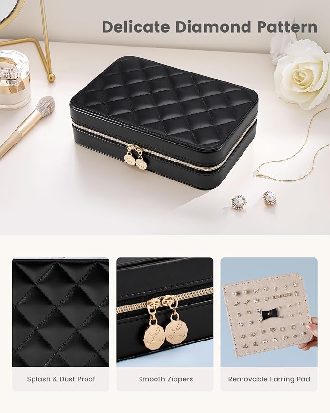 Lolalet Travel Jewelry Case for Women Girls, PU Leather Jewelry Organizer with Clear Storage Bag Small Portable Jewelry Box for Necklace Bracelet Earring Ring Birthday Bridesmaid Gifts -Large/Black