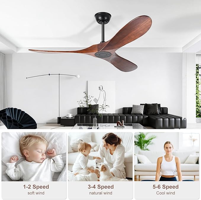 heimo 72 inch Ceiling Fan No Light，Indoor Outdoor 3 Blade Wood Ceiling Fans Without Lights for Patios Living Room Bedroom Extra Large Exterior Big Outside Wooden Fan with Remote(Walnut)