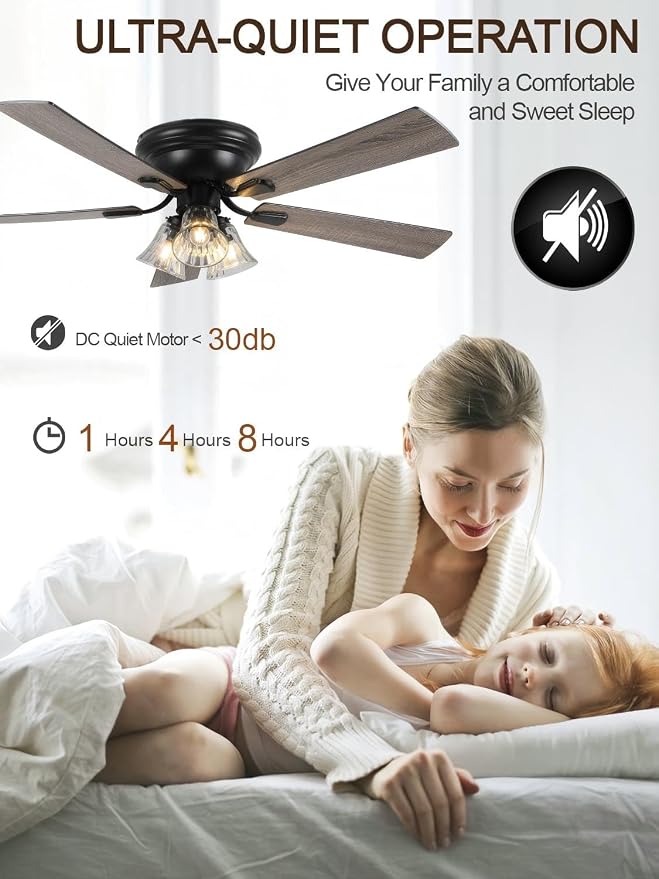 52 Inch Vintage Flush Mount Ceiling Fan with Lights and Remote | Farmhouse Rustic Fandelier, Low Profile Antique Chandelier, 3 E26 Bulbs 5 Blade, for Bedroom Living Room