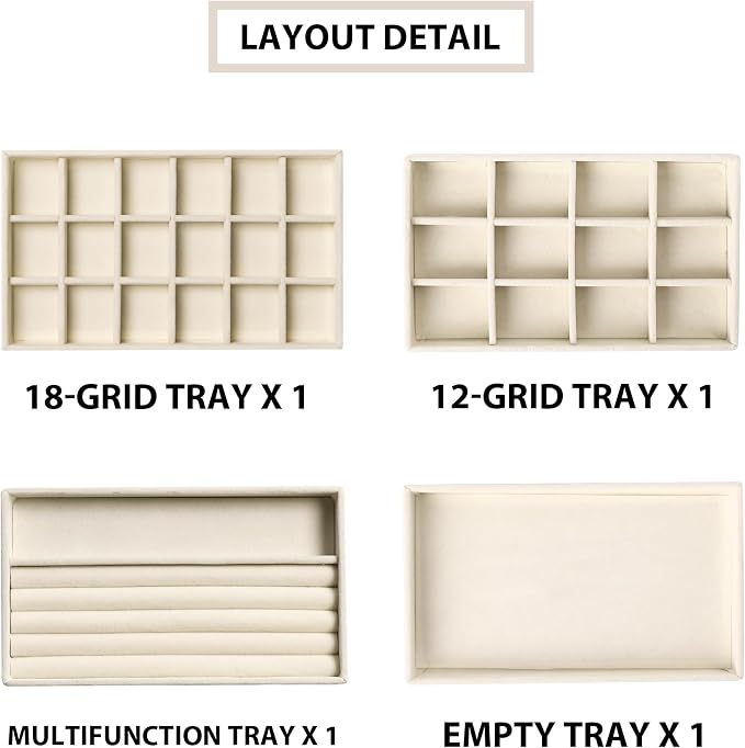 Frebeauty Jewelry Trays for Drawer,Set of 4 Jewelry Organizer and Storage | Velvet Material,Earring Holder Organizer,Stackable Jewelry Display for Vanity,Drawer Inserts for Rings,Studs,8.3×4.9 inch