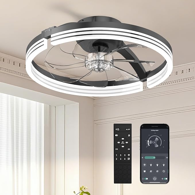 Ceiling Fans with Lights and Remote, 20" Low Profile Flush Mount Ceiling Fan, 3000-6500K Dimmable LED Fandelier, 6 Quiet Speeds for Bedroom
