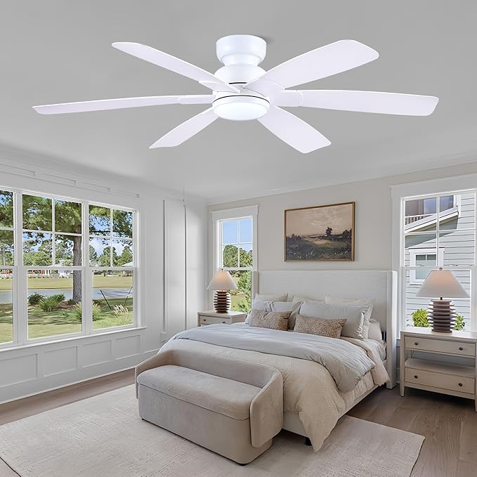 Kviflon 52 Inch Modern Ceiling Fans with Lights Remote Control, Low Profile Flush Mount, 6 Reversible Plastic Blades, 6 Speeds, 3CCT Dimmable LED Lights for Bedroom Kids Room, White