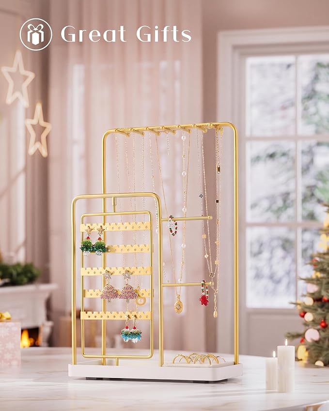 ProCase Jewelry Stand Holder Organizer and Storage, Gold | Rotating Earring Bracelet Holder Storage, Hanging Jewelry Display Velvet Ring Tray, Teen Girls Birthday Gifts Room Dorm Decor