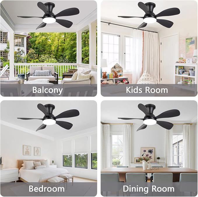 NKPU 33Inch Black Low Profile Ceiling Fans with Lights and Remote/APP Control, Reversible DC Motor, 6 Speeds, Modern Flush Mount Ceiling Fan with 5 Blades for Outdoor Patio,Small Room,Bedroom