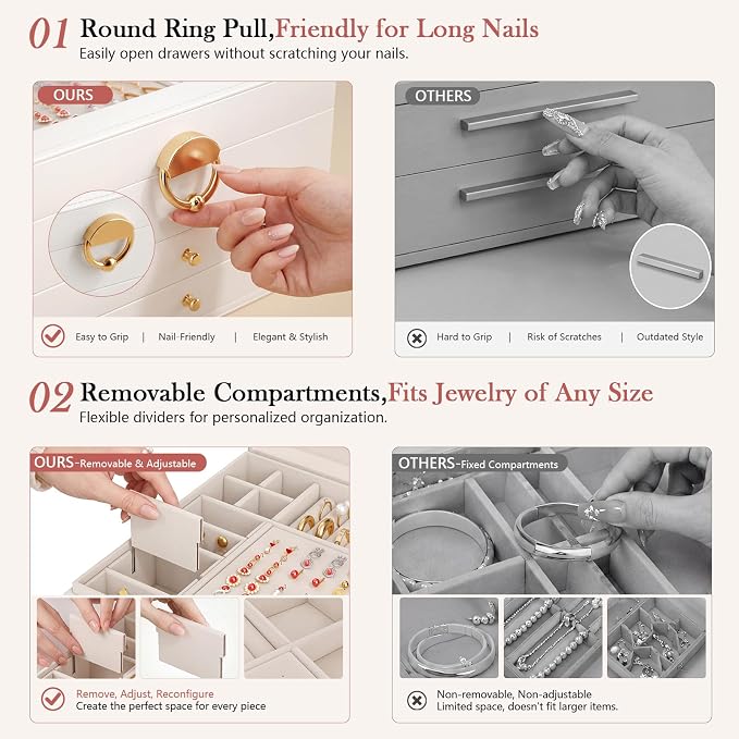 Jewelry Box - 3 Layer Jewelry Organizers and Storage with Clear Lid & 2 Drawers,Jewelry Boxes for Women, Watch Necklace Ring Earring Storage Gift Case, Cloud White | Jewelry Boxes For Women – Velvet Lining, Tangle-Free Storage – Watch, Bracelet, Ring, ...