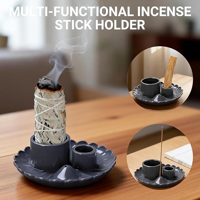 Multifunction Incense and Candle Holder for Burning Sage, Palo Santo, Ceramic Incense Stick Holder for Palo Santo Burner, Sage Holder for Yoga, Meditation, and Energy Cleansing (Gray)