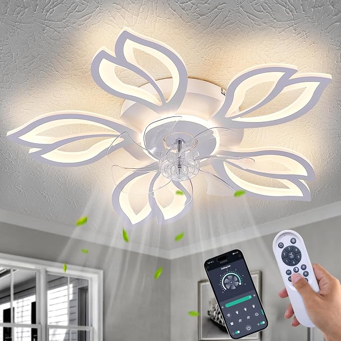 Modern Ceiling Fans with Lights, Low Profile Ceiling Fan with Remote for Bedroom, Flush Mount Ceiling Fan with LED Dimmable Light,3-Colors, 6-Speeds, Timing CeilingFan Light-White Leaves