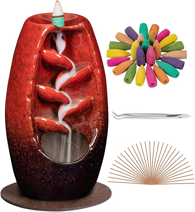 DAILYLIFE Backflow Incense Burner and Ceramic Incense Holder Waterfall, with 120 Mixed Backflow Incense Cones, 30 Incense Sticks, 1 Pad, Tweezer, Home Decor Aromatherapy Ornament, Red