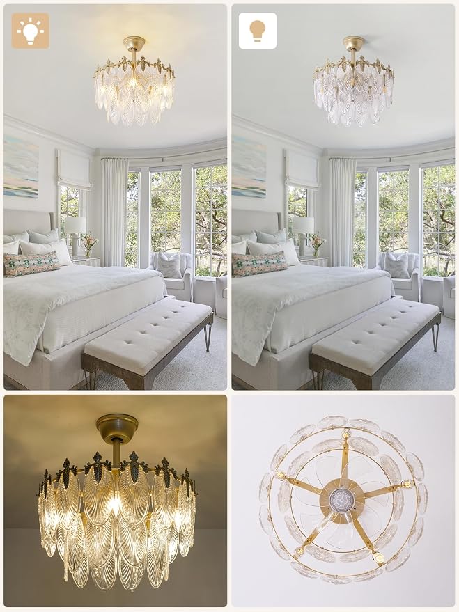 20" Gold Fandelier Ceiling Fan with Light, Gold Crystal Chandelier Ceiling Fans with Lights and Remote Control, Mid Century Enclosed Caged with 6 Speeds for Bedroom, Nursery, Living Room