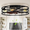 TCL 24 Inch Caged Ceiling Fans with Lights and Remote, Low Profile Flush Mount Fandelier, Rustic Farmhouse Style Ceiling Fans for Bedroom, Kitchen,Outdoor