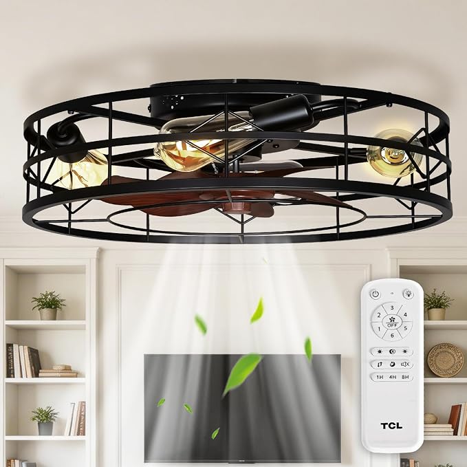 TCL 24 Inch Caged Ceiling Fans with Lights and Remote, Low Profile Flush Mount Fandelier, Rustic Farmhouse Style Ceiling Fans for Bedroom, Kitchen,Outdoor
