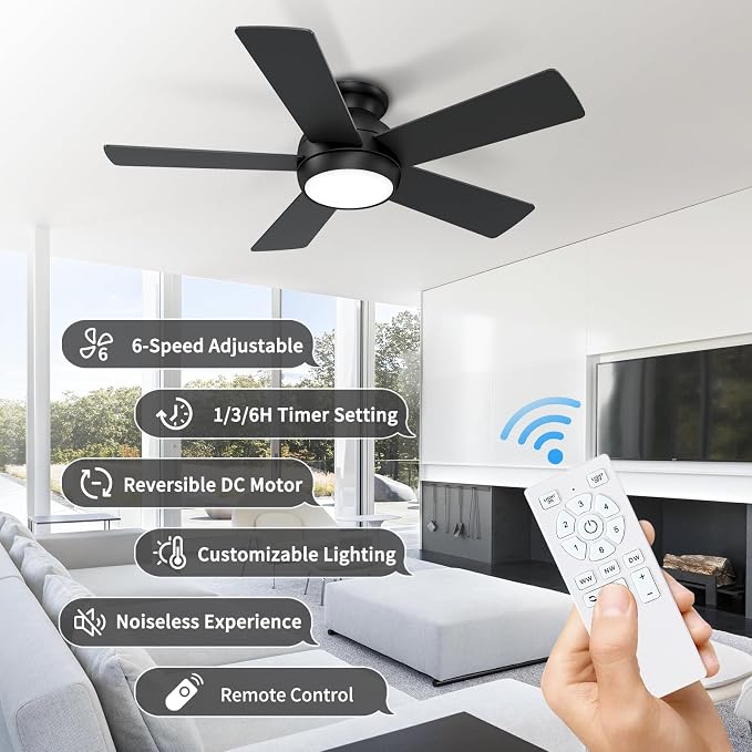 POCHFAN 42 Inch Black Ceiling Fans with Lights and Remote, LED Low Profile Flush Mount Ceiling Fan for Bedroom, Living Room, Patio, Quiet DC Motor, 5 Blades