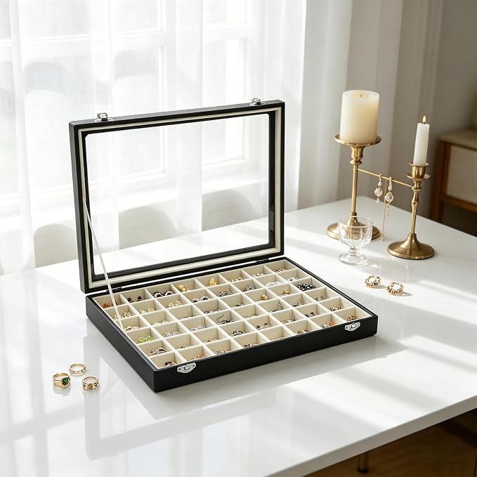 Stratalife 48 Grid Earring Organizer, Jewelry Holder Organizer with Lid | PU Leather Storage Box for Earring, Ring, Studs and Trinkets, Soft Velvet Drawer Organizer for Women, Dustproof, Beige Black
