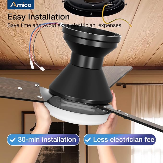 Amico 2 Pack Ceiling Fans with Lights, 42 inch Low Profile Ceiling fan with Light and Remote Control, Flush Mount, Reversible, 3CCT, Dimmable, Noiseless, Black Ceiling Fan for Bedroom, Indoor/Outdoor