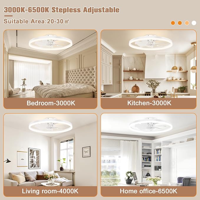VOLISUN Low Profile Ceiling Fans with Light and Remote,No Assembly,23.6in Bladeless Ceiling Fan with Lights,3000K-6500K Dimmable Flush Mount LED Fan Light,White Fandelier Ceiling Fans for Bedroom
