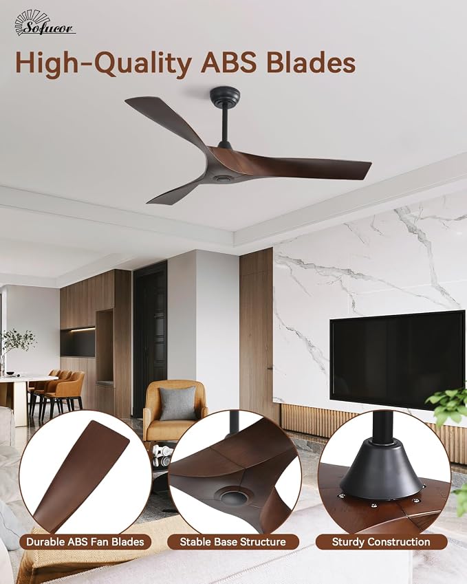 Sofucor 52 Inch Ceiling Fans No Lights, Modern Ceiling Fan with 3 Plastic Blades, 4500CFM 6-Speed 3-Timer Reversible DC Motor, for Bedroom Living Room Patios Office, ETL/FCC