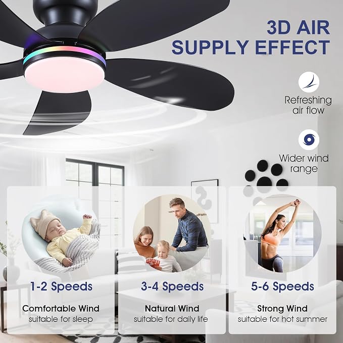PHORUS 42" Black Modern Low Profile RGB Ceiling Fans with Lights and Remote | 14 RGB Modes,Supports Remote and APP,6 Wind Speeds, Reversible, Dimmable 3 CCT LED, 30W DC Motor,Suits for Bedroom Kidsroom