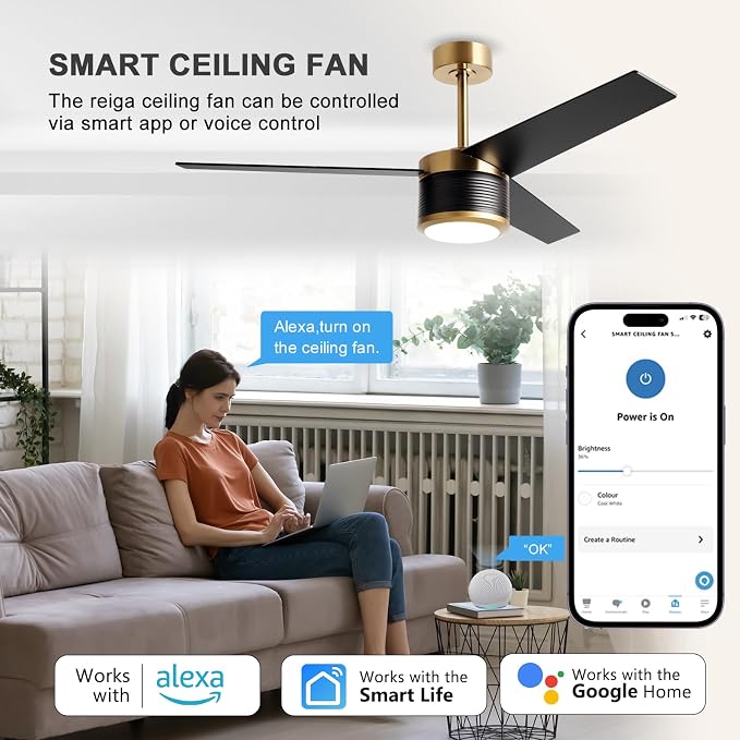 reiga 52" Modern 3 Blades Black Gold DC Motor Ceiling Fan with Light | Wood Ceiling Fans,6 Speeds Timer Compatible with Remote Control/Alexa/Google Home for Living room Bedroom Patio Farmhouse