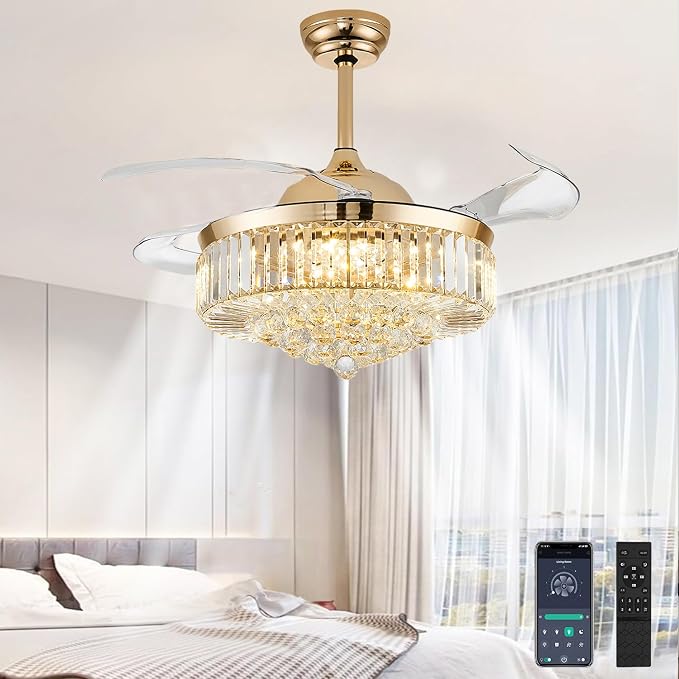 48 Inch Fandelier Ceiling Fans with Light, Chandelier Ceiling Fan, Retractable Crystal Ceiling Fan for Bedroom, Living Room, 3 Color Change, LED Dimmable, 6 Speeds, Reversible DC Motor-Gold