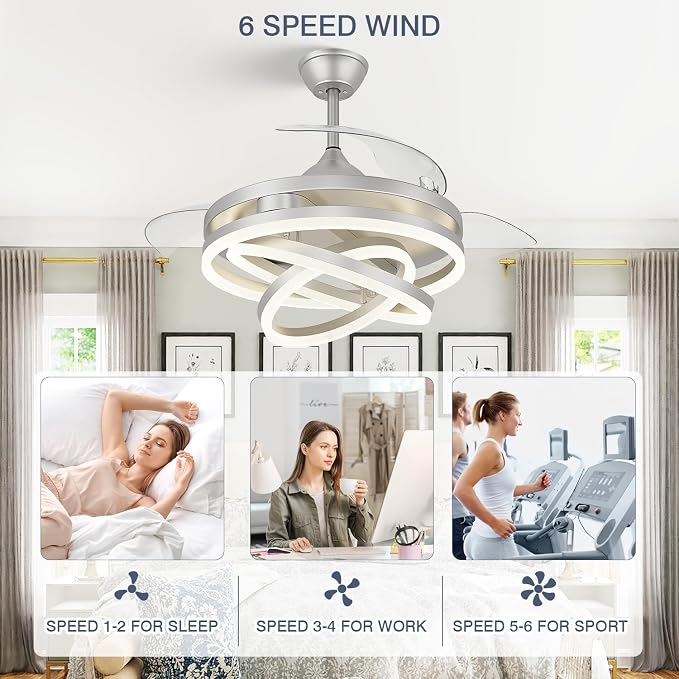 TXCSLY 42 Inch Retractable Ceiling Fan, Chandelier Ceiling Fan with Light DC Motor, 3 Color Tempearture, 6 Wind Speed for Bedroom, Living Room and Dining Room, Silver