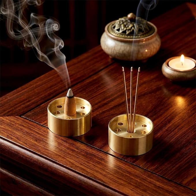 2 Pack Incense Holder Brass Incense Holder 9 Holes Small Retro Copper Burner Accessories for Meditation Spa Room Home Office