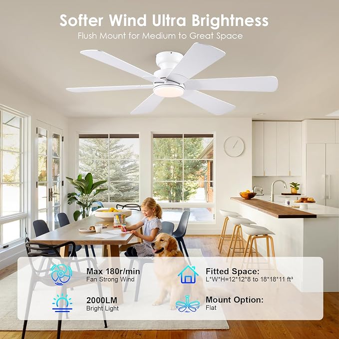 52 inch Ceiling Fans with Lights, Ceiling Fan with Remote APP, Dual-Sided Modern/Rustic 6 Blades, Reversible, 3CCT, Flush Mount Low Profile Ceiling Fan with Lights Bedroom Kitchen Indoor White