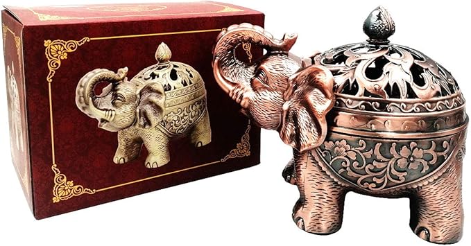 Hourwof Metal Elephant Incense Holder,Vintage Cone Coil Incense Burner with Lid,Ash Catcher,Aromatherapy Ornament Home Office Decor,Red Copper