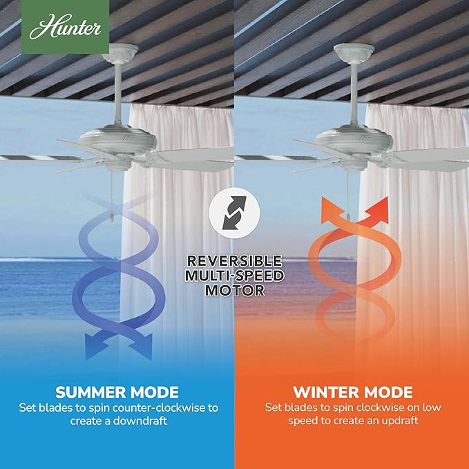 Hunter 52 inch Outdoor or Indoor Ceiling Fan No Light - White Ceiling Fan without Light, For Patio, Porch, Garage, or Living Room, Standard Mount, 5 Blades, Pull Chain - Sea Air 53054, White | Standard Mount, Pull Chain, 5 Blades, For Living Room, Pati...