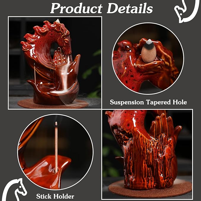 Horse Hand Incense Burner Holder - Ceramic Incense Waterfall Burner Horse, Backflow Horse Smoke Fountain Incense Holder with Cone & Stick Tweezer & Mat for Aromatherapy/Yoga/Home/Room Decor