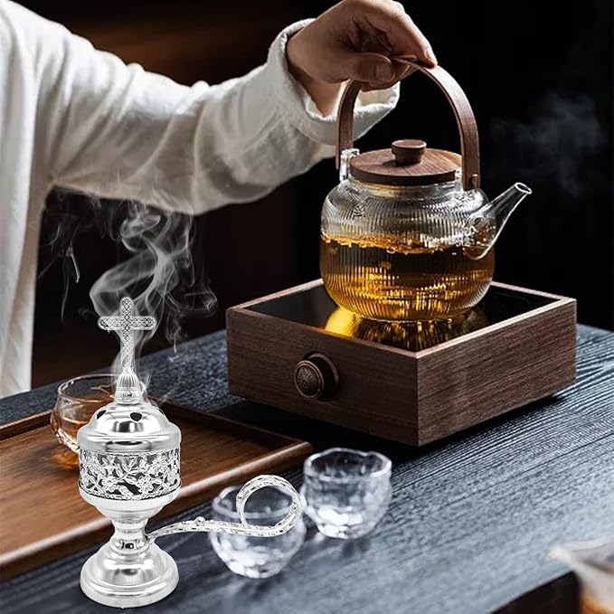Sliver Incense Burner with Tong – Frankincense Charcoal Incense Stand Aromatherapy, Yoga, Spa, Home Decor, and Church Use – Compact & Durable Bakhoor Holder
